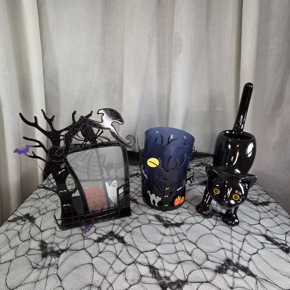 Lot of 3 PartyLite Halloween Spooky Candle Holders & Bat Display Fabric
